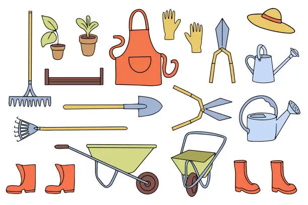 Vector illustration of Large set of garden tools in doodle style. Watering can, hoe, bucket, hose, pitchfork, shovel, wheelbarrow, trowel, pruning shears, tree seedling, garden fork, rake and other linear icons.