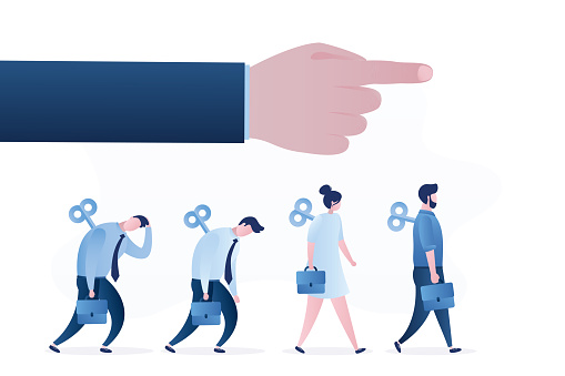 Businesspeople walk like clockwork toys. Employees go in unison at workplace. Big Boss hand controls right direction for staff. Controlled personnel, corporate hierarchy, subordination. flat vector