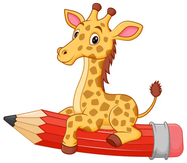 Vector illustration of Cute Giraffe Cartoon Riding a Flying Pencil Vector Illustration. Animal Education Icon Concept