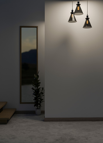 The interior design of a contemporary home corridor at night with dim light from modern pendant lights. 3d render, 3d illustration