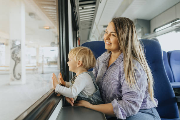 istock Mother and son traveling by train 2113952039