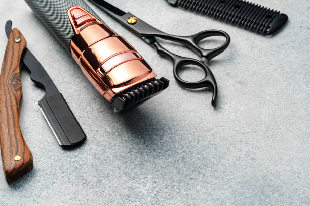istock Set of hairdressing instruments on gray background 2113952048