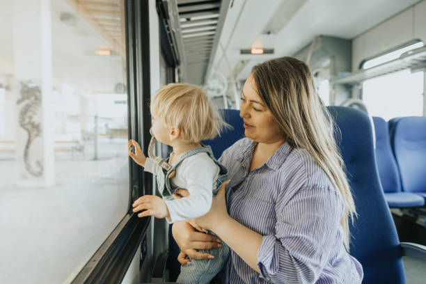 istock Mother and son traveling by train 2113952262
