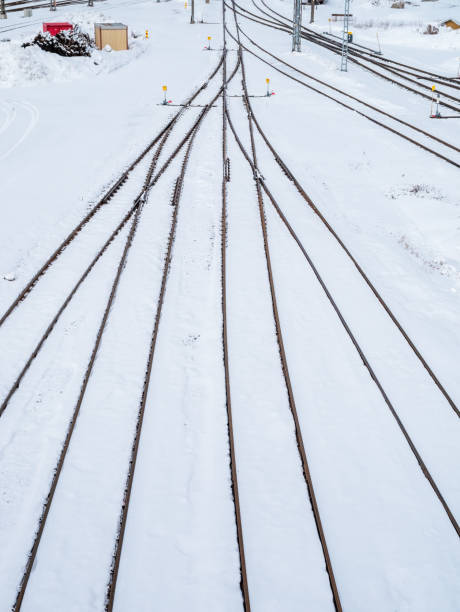 Snowy railway yard view in Oulu, Finland