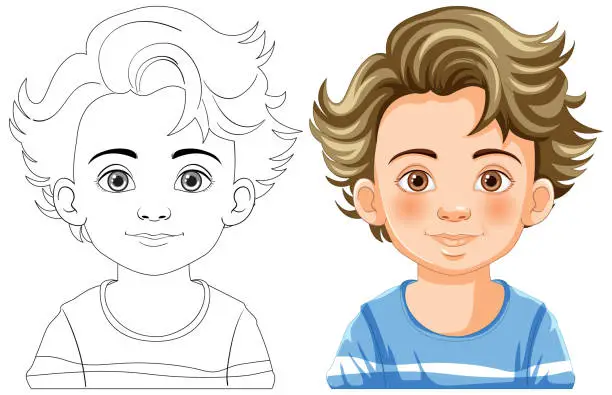 Vector illustration of Vector illustration of a boy's face, before and after coloring