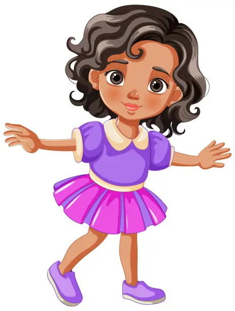 Vector illustration of Cheerful young girl in purple dress dancing.