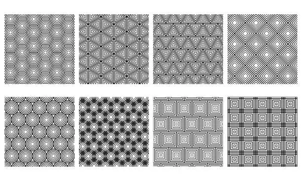 Vector illustration of Set of black seamless pattern vector illustration. Hexagon, triangle, rhombus, circle, square shapes on isolated background. Geometric figure pattern sign concept.