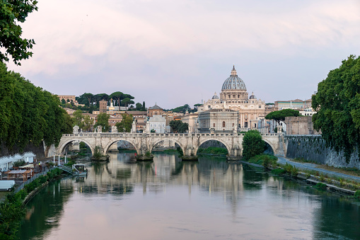 Castel Sant'Angelo or castle of Holy Angel and Ponte Sant'Angelo or Aelian Bridge over the Tiber river in Rome. Italy