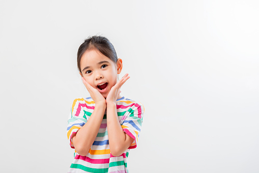 Image of Asian child posing. Cheerful Asian girl Posing cutely on a white background