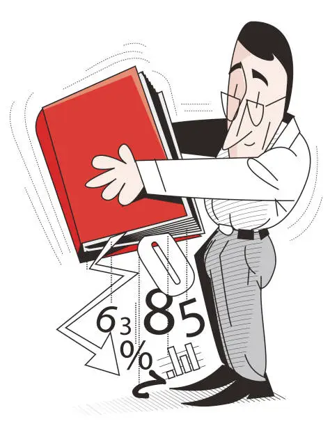 Vector illustration of businessman holding the book in his hands, figures and graphic diagrams coming out of it