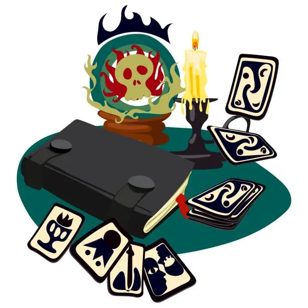 Vector illustration of A fortune teller's table with magical items. Esoteric and mystical recipes. Cartoon. A magic ball with a skull, candles, a candlestick, magic book, Tarot cards Still life with fortune-telling details