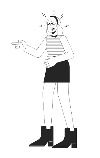 Caucasian woman quarreling black and white 2D line cartoon character. Bad mood adult isolated vector outline person. Gesture body language, emotional expression monochromatic flat spot illustration