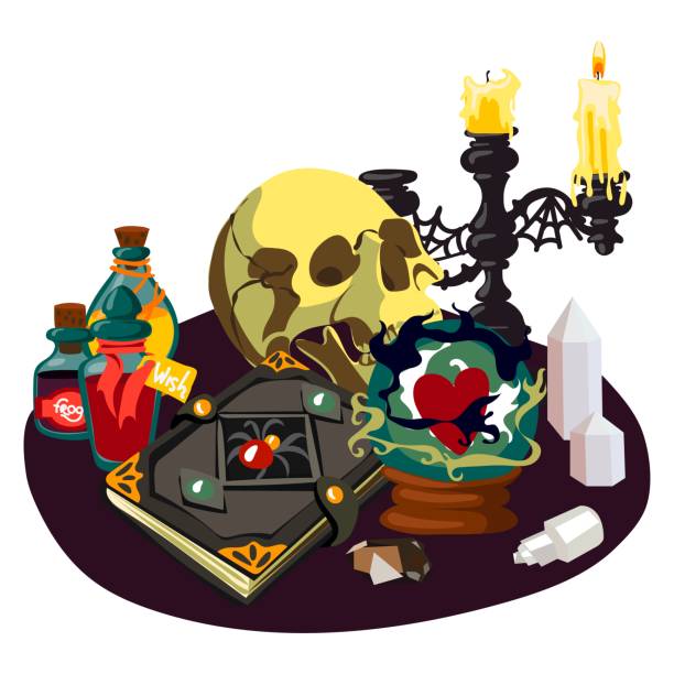 ilustraciones, imágenes clip art, dibujos animados e iconos de stock de una mesa de adivino con objetos mágicos. recetas esotéricas y místicas. dibujos animados. bola mágica, calavera, pociones, velas, candelabro, cristales, libro mágico. bodegón con adivinación de objetos mágicos - traditional culture dragon old asian culture