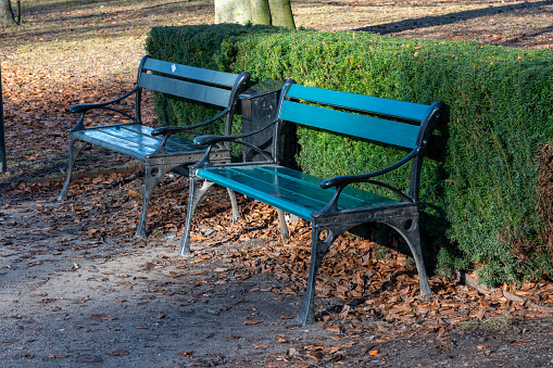 Two green park benches standing near hedge Orebro Sweden March 7 2024