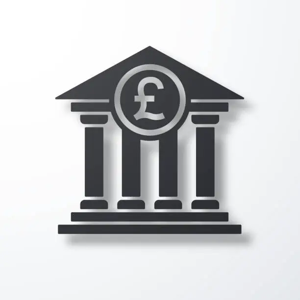Vector illustration of Bank with Pound sign. Icon with shadow on white background