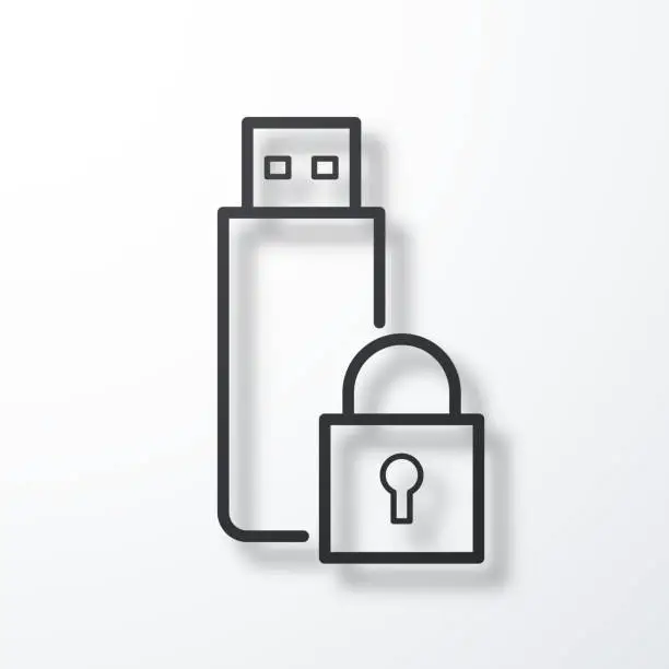 Vector illustration of USB flash drive with padlock. Line icon with shadow on white background