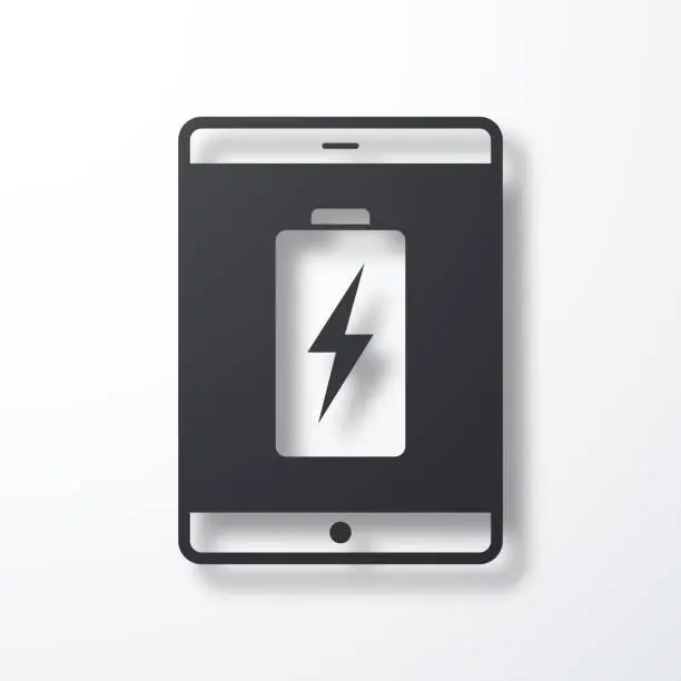 Vector illustration of Tablet PC with battery charge symbol. Icon with shadow on white background