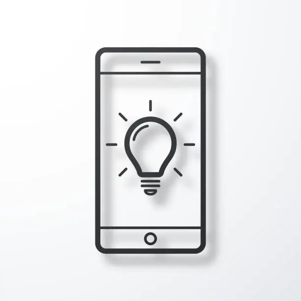 Vector illustration of Smartphone with light bulb. Line icon with shadow on white background