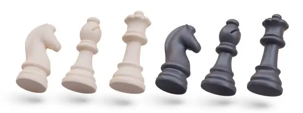 Vector illustration of Set of black and white chess pieces in tilted position. 3D templates for design movement
