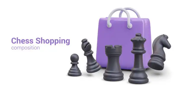 Vector illustration of Chess shopping composition. Realistic shopping bag, game figures