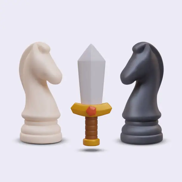 Vector illustration of Sword between chess knights. Concept of battle, competition between players