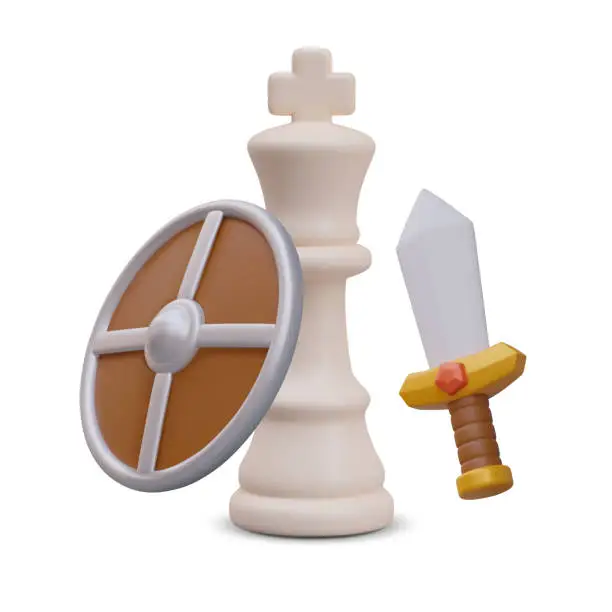 Vector illustration of White chess king with shield and sword. Leader of army, main game figure