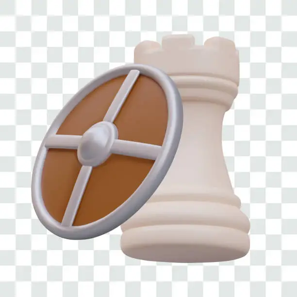 Vector illustration of White chess rook is protected by round shield. Techniques and combinations