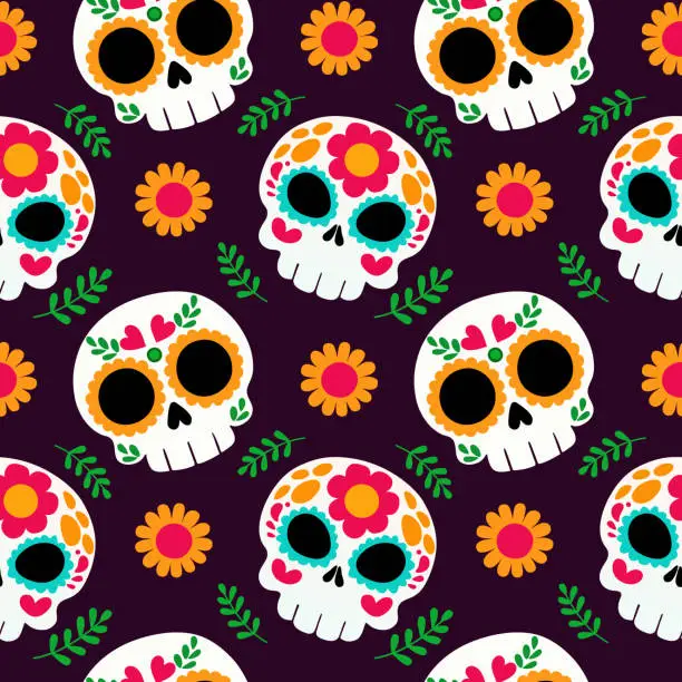 Vector illustration of Seamless pattern of skulls and flowers in Mexican style, background for design, textile, wrapping paper, scrapbooking, Cinco de Mayo