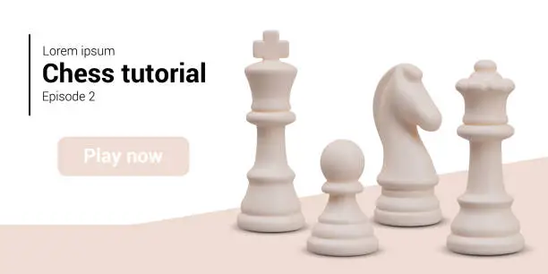 Vector illustration of Advertising template for online chess tutorial. Realistic chess pieces