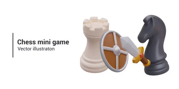 Vector illustration of Concept of chess battle, competition. 3D white rook holding round shield, knight with sword