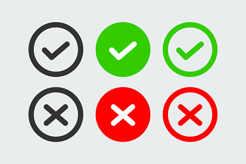 Checkmark icon, approval symbol. Wrong mark symbol set. Cross wrong mark icon.