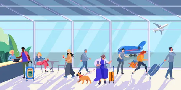 Vector illustration of Interior inside the airport terminal with people and luggage. Airport lounge on a sunny day. A large woman with a dog and a running girl. Flight check in counter. vector illustration for banner, poster and advertising