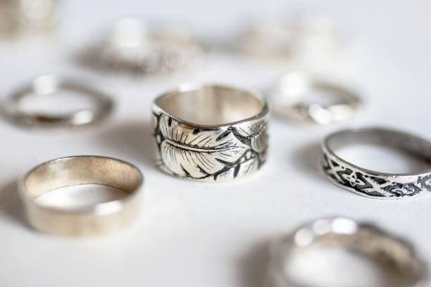 istock Collection of handmade silver rings with natural texture. Handcraft precious item. 2114072152