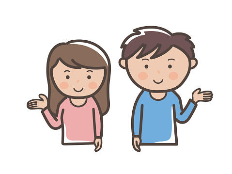 Upper body illustration of a young man and woman giving guidance and explanations with their palms outstretched
