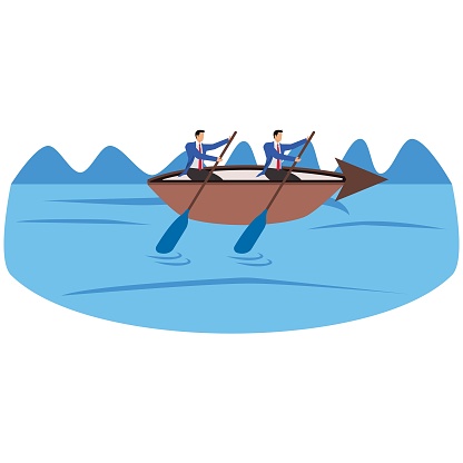 Exploring the way forward, finding goals for business or career development, charting a course forward, businessmen standing in an arrow boat paddling forward