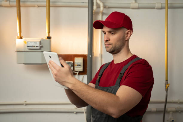 istock Professional Technician Inspecting Heating System in Residential Basement During Winter 2114081054
