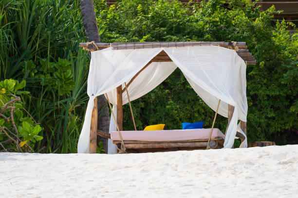 istock Wonderful white beach canopy at luxurious beach resort at sunset 2114082102