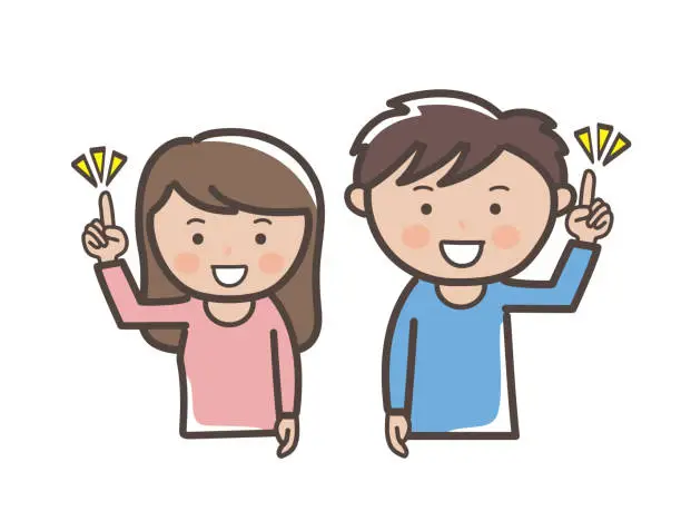 Vector illustration of Upper body illustration of a young man and woman pointing at their index finger and explaining a point