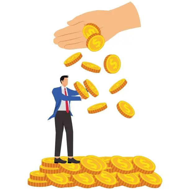 Vector illustration of Having wealth, winning the jackpot, being wealthy, getting rich, holding a pile of gold coins in both businessman hands