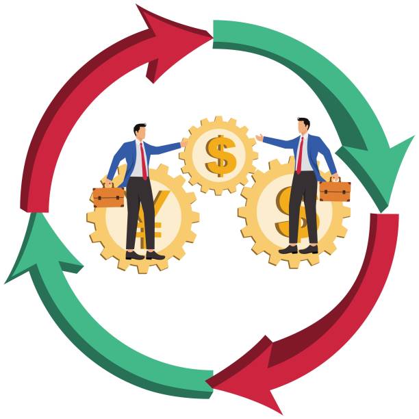 istock Global economic development and competition, business cooperation or business competition, co-development, business success, isometric businessmen standing on the arrow of the upward development of the dollar sign and the yen 2114089512