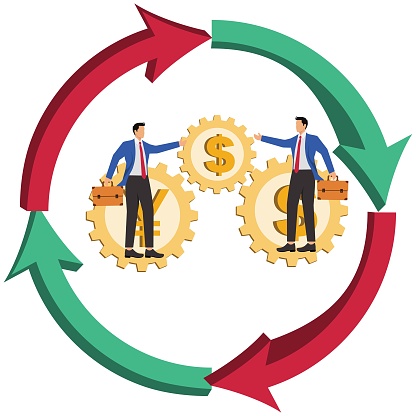 Global economic development and competition, business cooperation or business competition, co-development, business success, isometric businessmen standing on the arrow of the upward development of the dollar sign and the yen