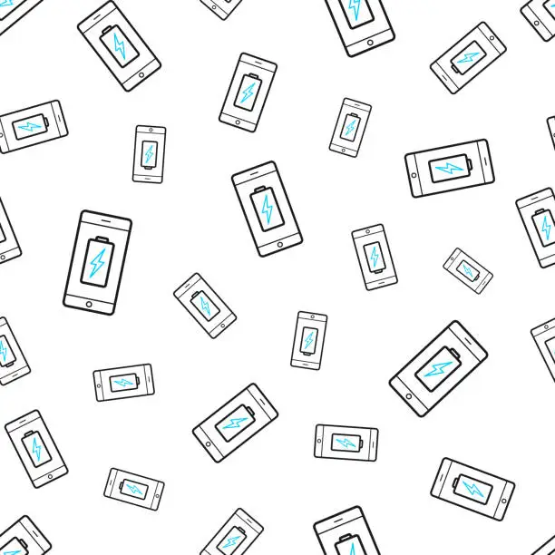 Vector illustration of Smartphone with battery charge symbol. Seamless pattern. Line icons on white background