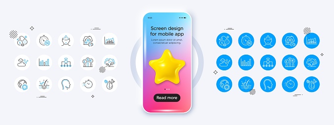Head, Infographic graph and Restructuring line icons. Phone mockup with 3d star icon. Pack of Windy weather, Dirty water, Timer icon. Vector