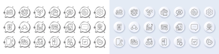 Bacteria, Refrigerator and Confirmed line icons. White pin 3d buttons, chat bubbles icons. Pack of Blog, Video conference, Web timer icon. Chemistry lab, Factory, Phone warning pictogram. Vector