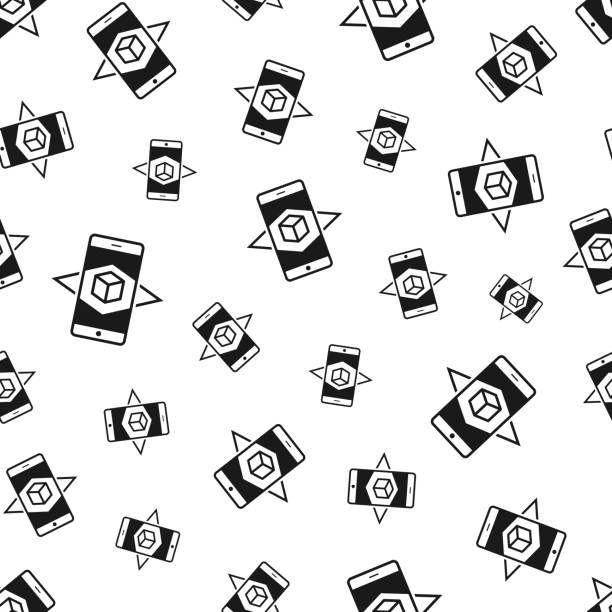 Augmented reality with smartphone. Seamless pattern. Icons on white background Seamless pattern with a icon of "Augmented reality with smartphone". Black icon isolated on a blank background. Vector Illustration (EPS file, well layered and grouped). Easy to edit, manipulate, resize or colorize. Vector and Jpeg file of different sizes. 360-camera-white-background stock illustrations