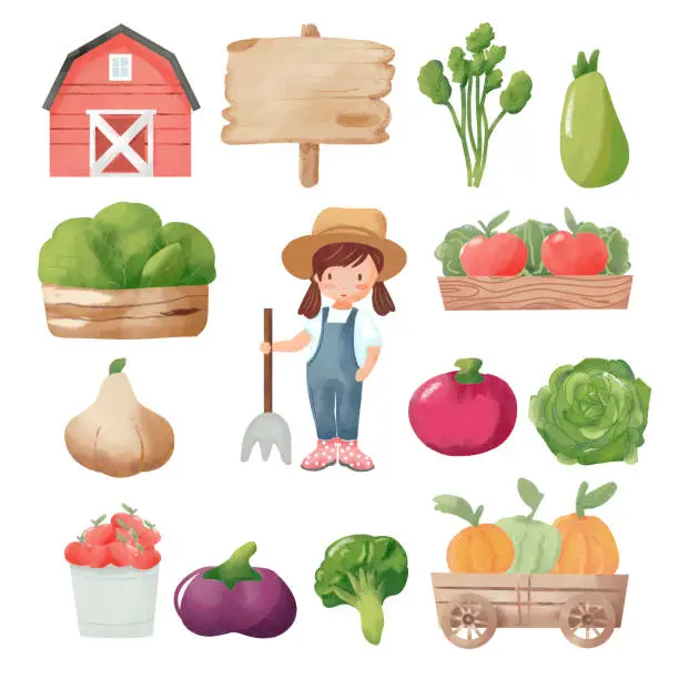 Vector illustration of collection of vegetables farmer girl with vegetables.