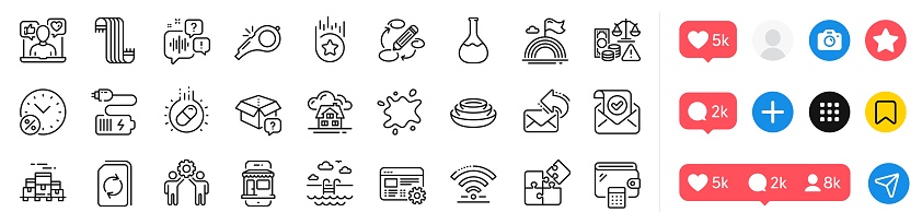 Loan percent, Voicemail and Dishes line icons pack. Social media icons. Confirmed mail, Swimming pool, Fraud web icon. Web settings, Wifi, Building pictogram. Chemistry lab, Keywords, Puzzle. Vector