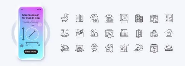 Vector illustration of Shield, Entrance and Buildings line icons for web app. Pictogram icon. Phone mockup gradient screen. Vector