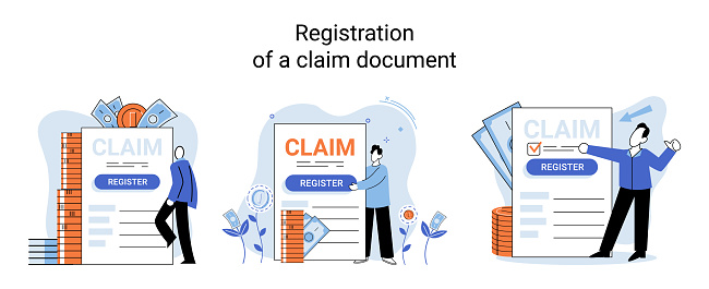 Claim vector illustration. Organize your compensation journey by mastering art claim paperwork Complete claim form for insurance, turning paperwork into financial deal Navigate paperwork landscape