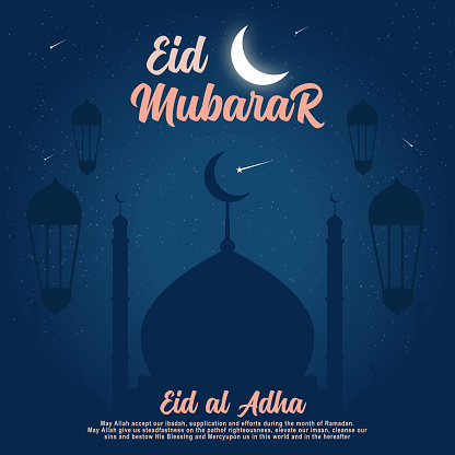 Eid Mubarak premium vector illustration design. Blue and dark gradient eid al adha mubarak background with star and moon. Islamic light design eid mubarak.